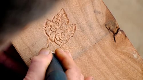 Detailed Wood Carving of Rose Design Close Up