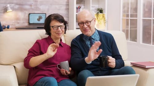 Senior Couple Video Chatting on Laptop at Home