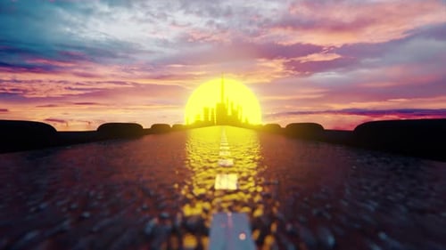 Puesta de sol y conducir a la ciudad en el puente II