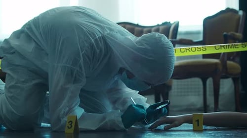 Forensic Investigator Examining Evidence at Crime Scene