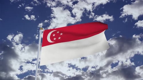 Singapore Flag Waving in Blue Sky with Clouds