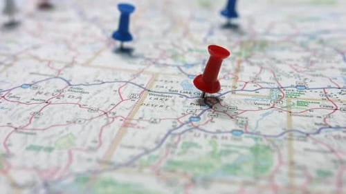 Road Map of Utah Marked with Push Pins