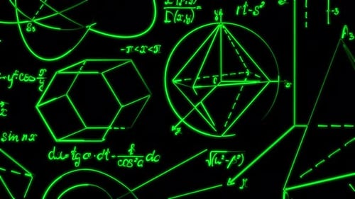 Animation of mathematical equations and formulae floating over a grid on black background.