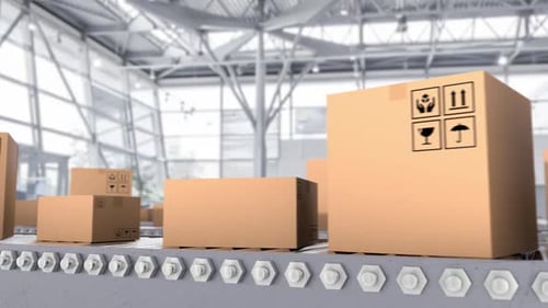 Logistics Warehouse with Transport Line and Transportation of the Carton Parcels