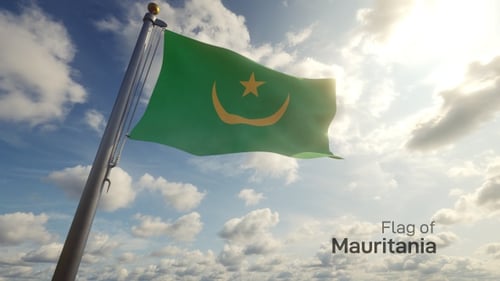 Mauritania Flag Waving on Flagpole with Sunny Sky