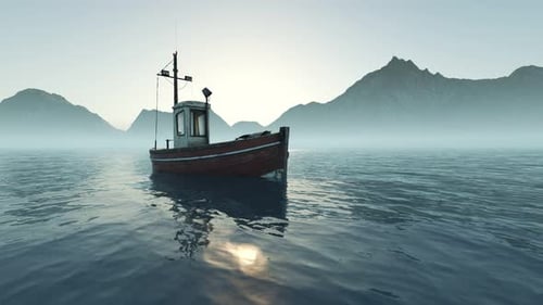 An old fishing boat drifting slowly on the foggy sea during beautiful sunset. 4K