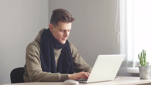Attraktiver Büroangestellter, der hart in seinem Kabinett arbeitet und etwas auf seinem Computer programmiert