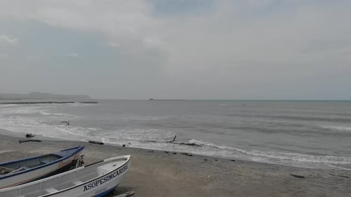Drone. Boat on the beach. Puerto Colombia. Dock