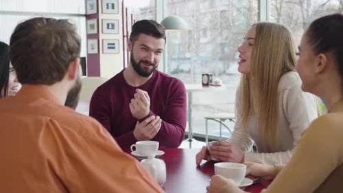 Portrait of Handsome Bearded Caucasian Man Talking with Group of Friends in Cafe and Smiling