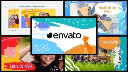 Playful Kids Slideshow with Cartoon Animals and Brush Stroke Animations