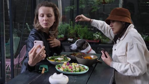 Women Filming Meal With Dog in Patio