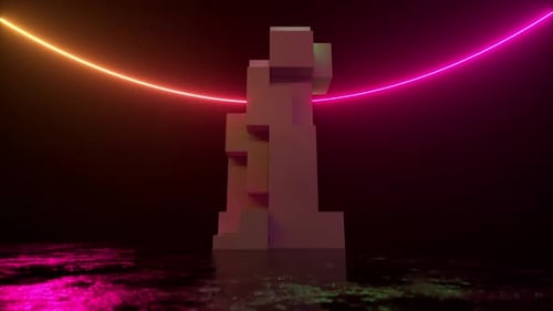 Voxel Statue Build-Up with Neon Lights Reveal