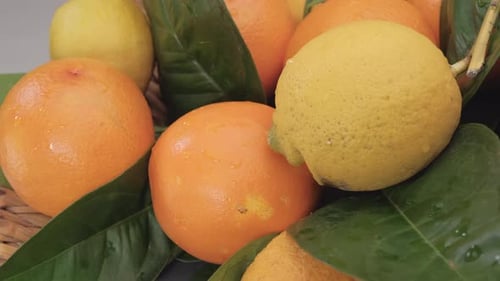 Zitrusfrüchte Zitrone und Orange hautnah. Buntes gesundes gemischtes Fruchtfutter, das sich auf Weidenkorb dreht