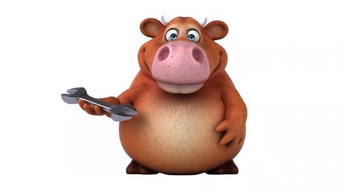 3D Animated Cow Character with Wrench Explaining Idea