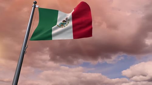 Realistic Mexican Flag Waving Against a Cloudy Sunset Sky