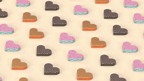 Axonometrische Ansicht von Herzen mit farbenfrohen Texturen auf gelbem pastellfarbenem Hintergrund mit Schleife