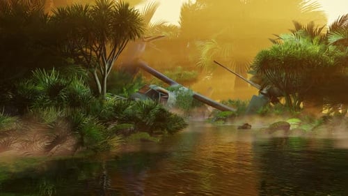 Abandoned Helicopter Wreckage in Mysterious Tropical Jungle River