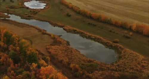 Quadrocopter Flies By Mown Fields and Lakes in the Village