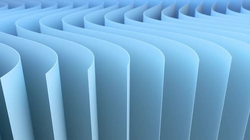 Animated background with light blue color 3d stripes moving along curve close-up
