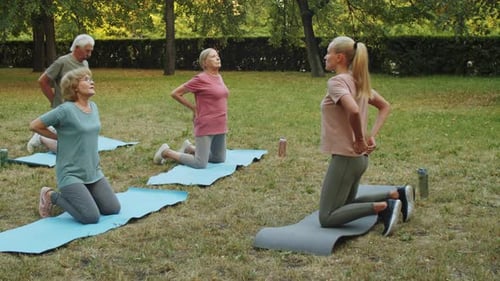 Elderly People Having Outdoor Yoga Practice in Park