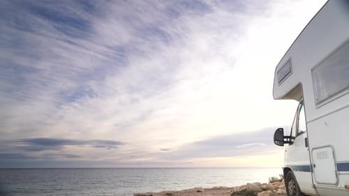 Caravan Camping On Beach. Timelapse