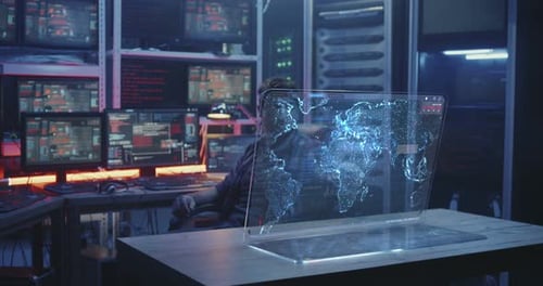 Hacker Working with Futuristic Display Screen