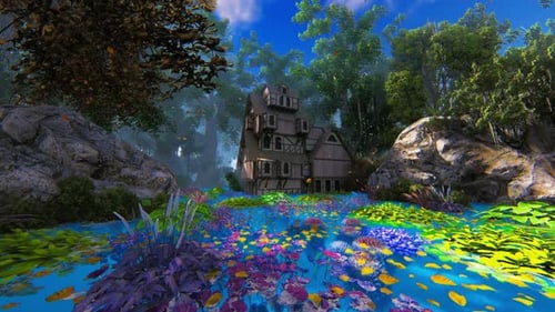 Enchanted Forest Scene with Fantastical House and Glowing Water
