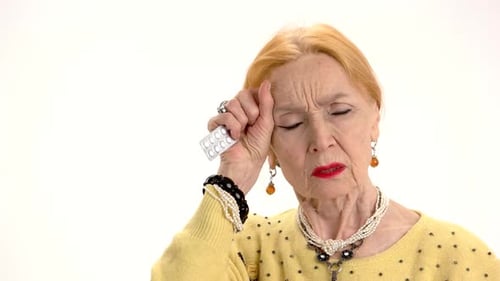 Elderly Woman Holding Pills to Head in Pain