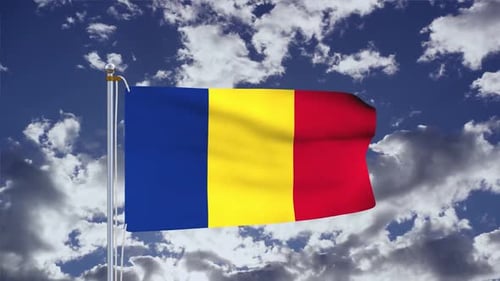 Romania Flag Waving in the Wind against a Cloudy Sky