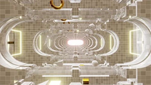 Endless Geometric Tunnel Flythrough with Golden Accents and Pillars