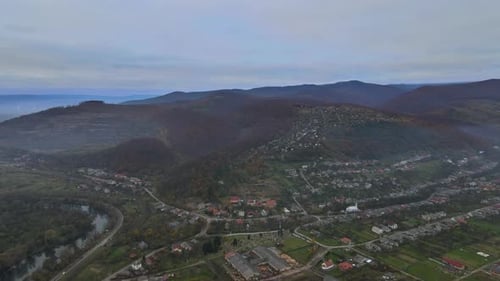 Mountain Village Skyline Aerial View of Landscape Forest at Carpathians