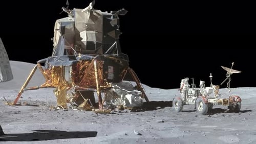 Astronaut Walks on Moon Next to Lunar Module and Rover