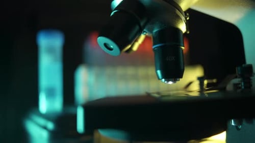 Close Up of a Optical Scientific Microscope in Laboratory