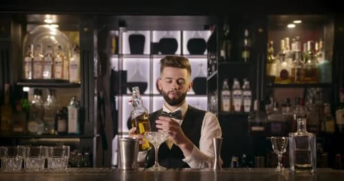 Bartender Makes Cocktail in Dimly Lit Bar