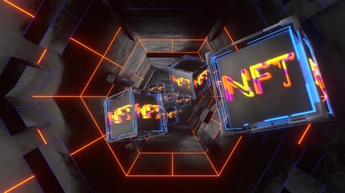Glowing NFT Cubes Floating In A Sci-fi Digital Tunnel
