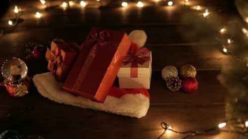 Weihnachtsgeschenke auf Weihnachtsmütze mit Lichtern