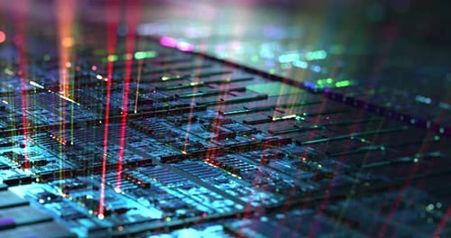 Futuristic Circuit Board Animation with Pulsing Light Beams