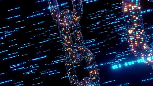 blockchain é uma criptomoeda, cadeia azul com código, girada para atender à mensagem do blockchain.