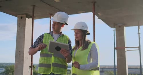 Professionelle Ingenieure für Sicherheitswesten und Helme, die mit digitalen Tablets und Blaupausen arbeiten.