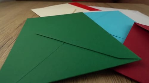Colorful Envelopes Arranged on Wood Grain Table