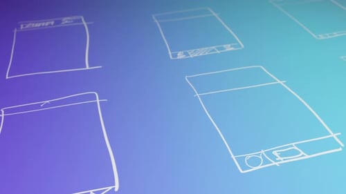 App-Entwicklung und Wireframing-Konzeptanimation auf Hintergrund mit Farbverlauf