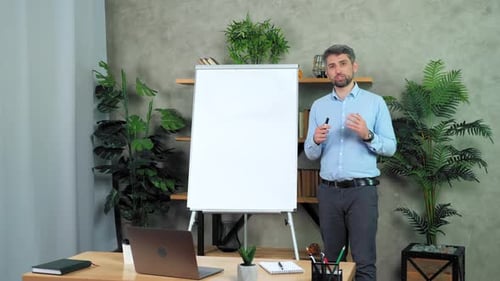 Coach greets talk records online business webinar master class in home office