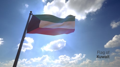 Realistic Kuwait Flag Waving Against Sunny Sky Background