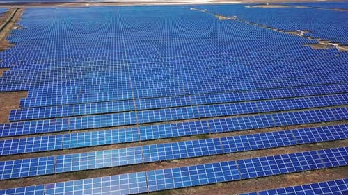 Panoramic View of a Solar Power Plant, Rows of Solar Panels, Solar Panels, Top View, Aerial View To