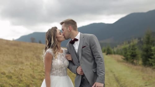 Lovely Young Newlyweds Bride Groom Walking on Mountain Slope Holding Hands Wedding Couple Family