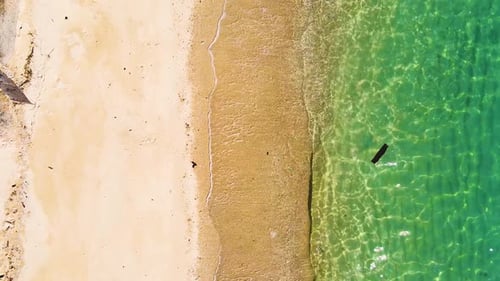 Aerial View Top View Drone Move Beautiful Topical Beach with White Sand