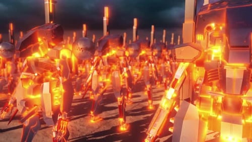 Glowing Futuristic Robots Marching Seamless Loop