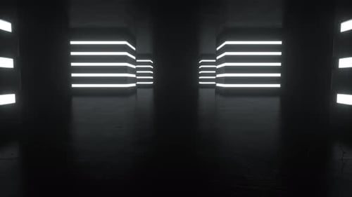 Nahtlose abstrakte Sci-Fi-Dunkelhalle mit hellweißen Neonlichtern