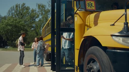 Two School Children Going Out Schoolbus