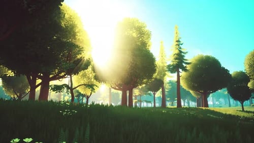 Cartoon Green Forest Landscape with Trees and Flowers